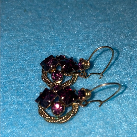 AMETHYST vintage rare antique faux cluster pierced wire earrings drop style gold - Picture 5 of 7